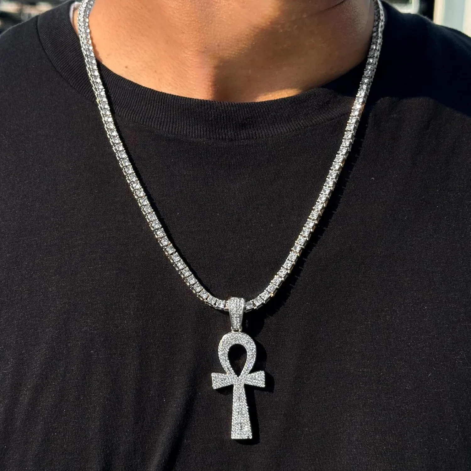 Men??s Large Iced-Out Cross Pendant with 3mm Tennis Chain ?C Hip-Hop Necklace, Sparkling Statement Jewelry, Gift for Him