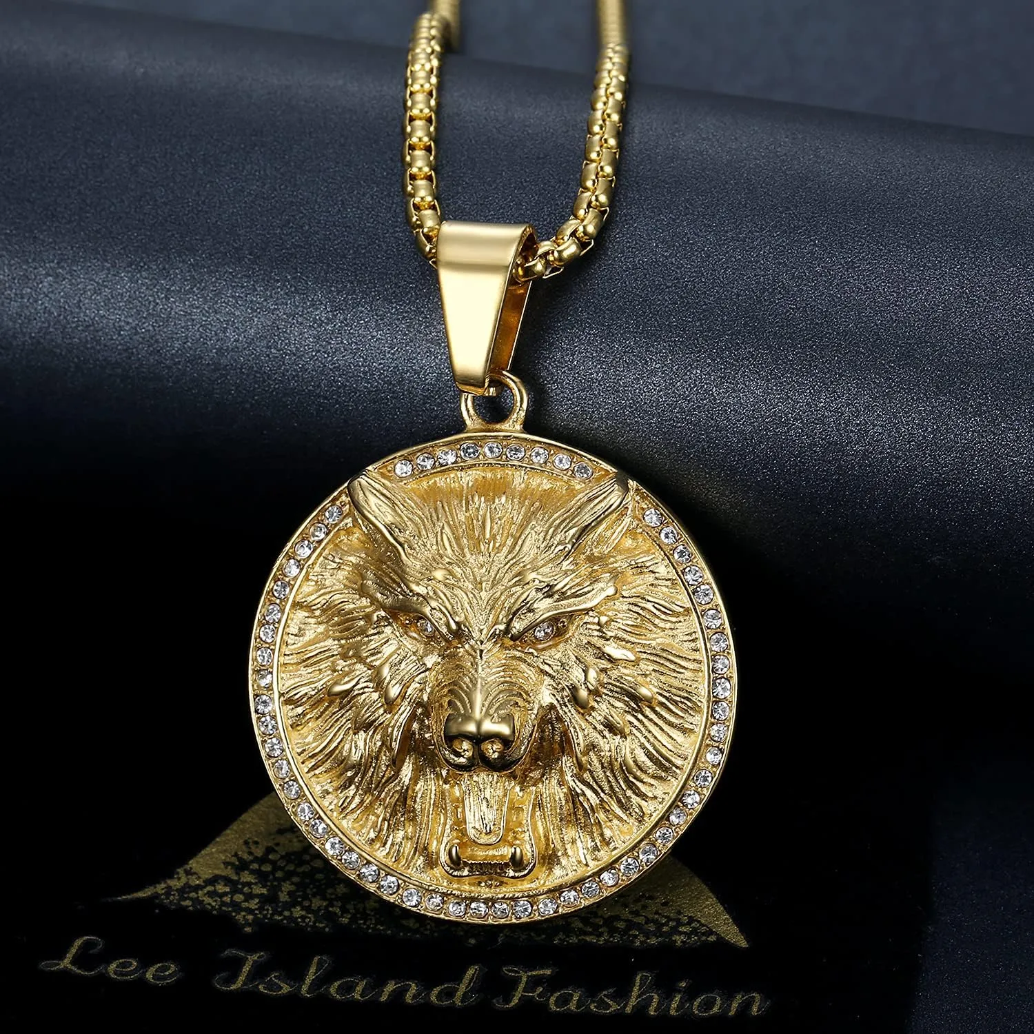 NEGS 18K Gold Plated Howling Wolf Pendant Punk Rock Stainless Steel Viking Necklace, 24 Inch Chain for Men Hip Hop Bling Amulet Gift