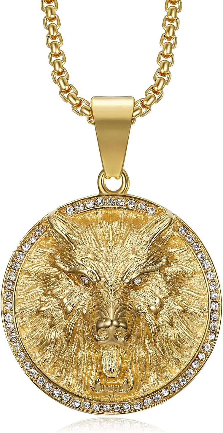 NEGS 18K Gold Plated Howling Wolf Pendant Punk Rock Stainless Steel Viking Necklace, 24 Inch Chain for Men Hip Hop Bling Amulet Gift