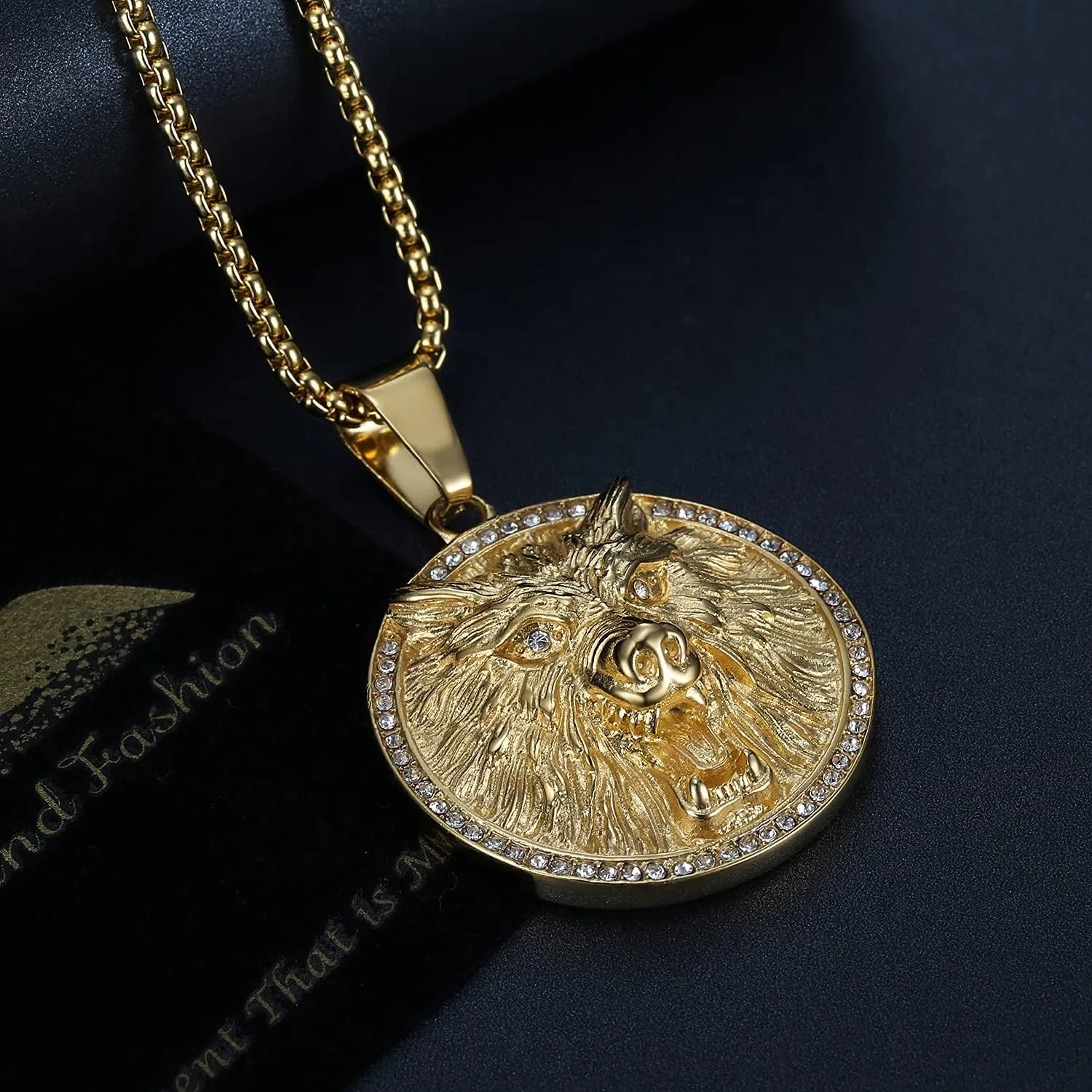 NEGS 18K Gold Plated Howling Wolf Pendant Punk Rock Stainless Steel Viking Necklace, 24 Inch Chain for Men Hip Hop Bling Amulet Gift