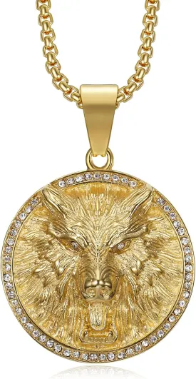 NEGS 18K Gold Plated Howling Wolf Pendant Punk Rock Stainless Steel Viking Necklace, 24 Inch Chain for Men Hip Hop Bling Amulet Gift
