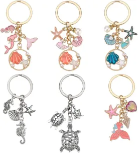 PH PandaHall 6PCS Ocean Keychain, 6 Styles Starfish Seashell Pearl Charms Key Decoration Metal Keychain Gift Inspiration Keyring for Women, Beach Lover for Purses Backpack Handbags Wallets Home Car