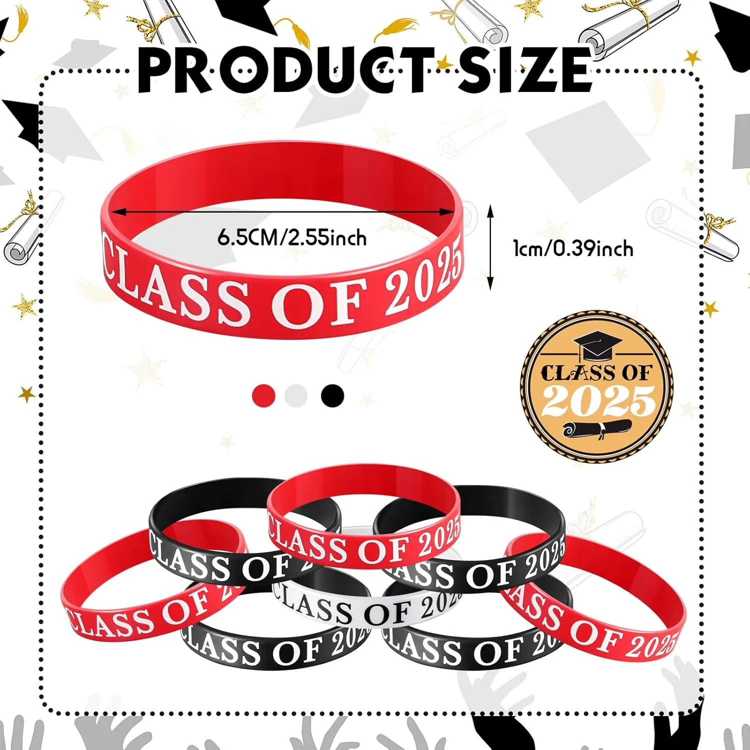 Poen 100 Pcs class of 2025 bracelets Graduation wristbands Class of 2025 Congrats Grad Celebrating Silicone Bracelets for Graduation Party Favors Supply(Black, White, Red)