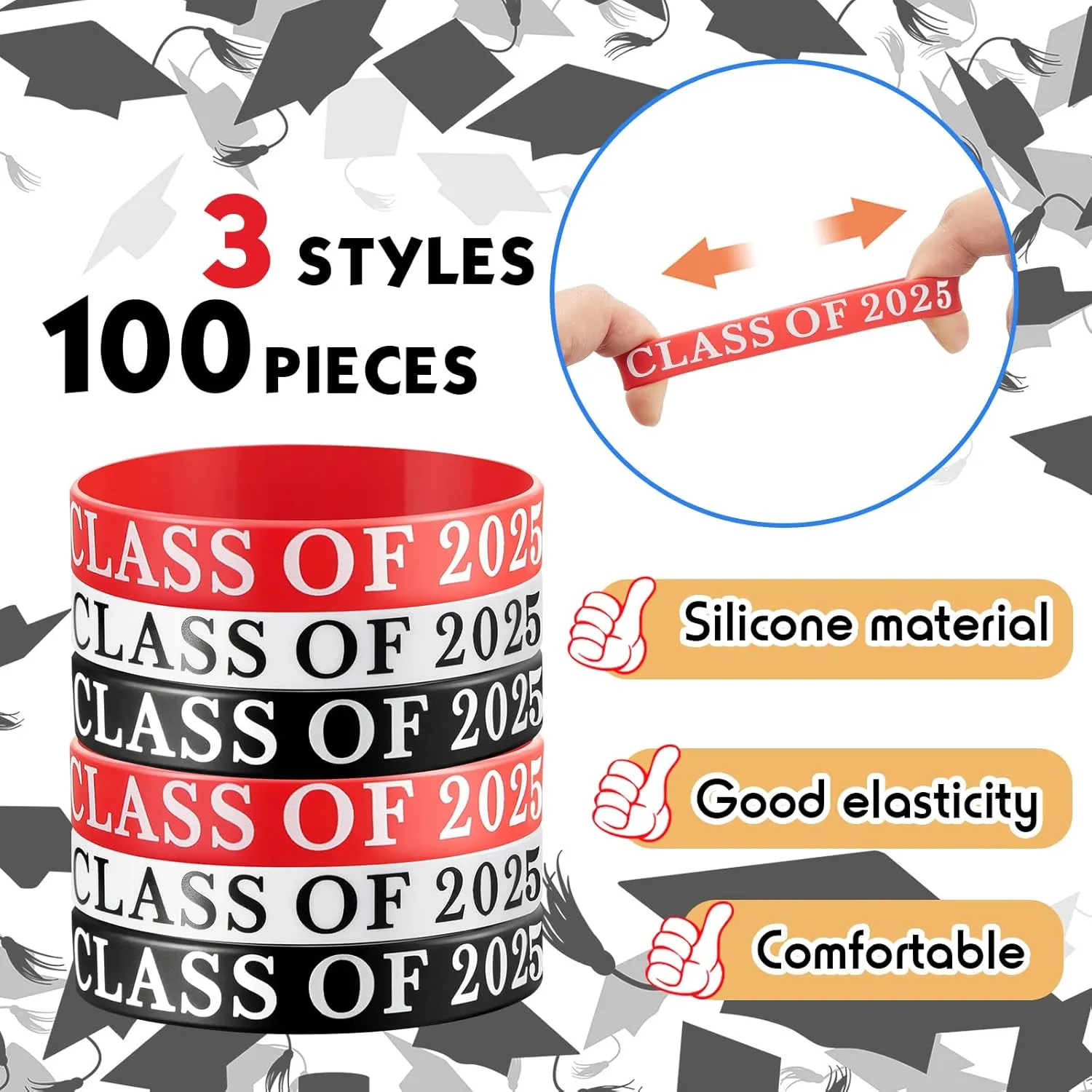 Poen 100 Pcs class of 2025 bracelets Graduation wristbands Class of 2025 Congrats Grad Celebrating Silicone Bracelets for Graduation Party Favors Supply(Black, White, Red)