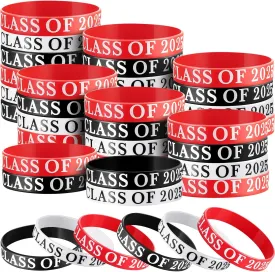 Poen 100 Pcs class of 2025 bracelets Graduation wristbands Class of 2025 Congrats Grad Celebrating Silicone Bracelets for Graduation Party Favors Supply(Black, White, Red)