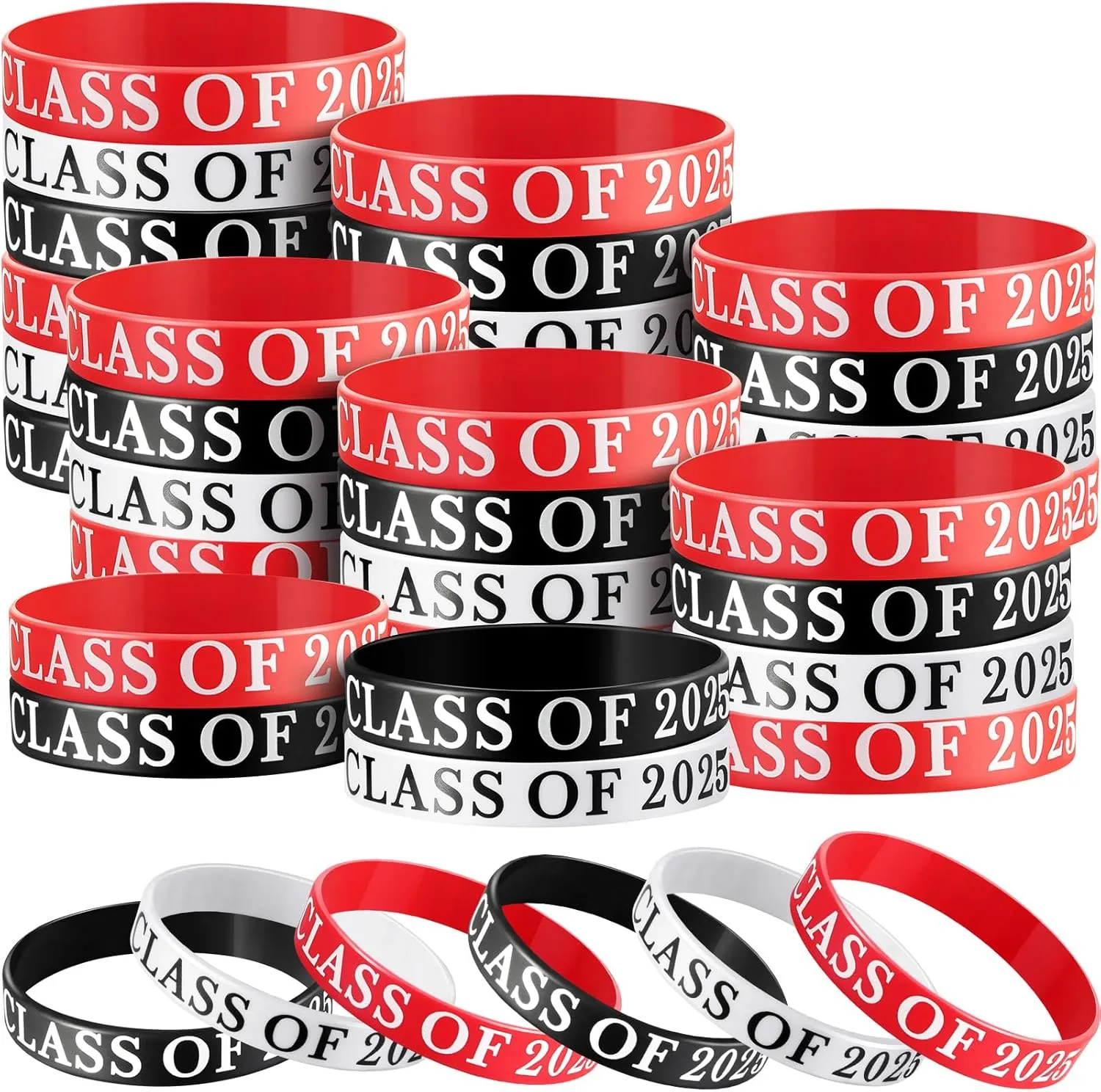 Poen 100 Pcs class of 2025 bracelets Graduation wristbands Class of 2025 Congrats Grad Celebrating Silicone Bracelets for Graduation Party Favors Supply(Black, White, Red)