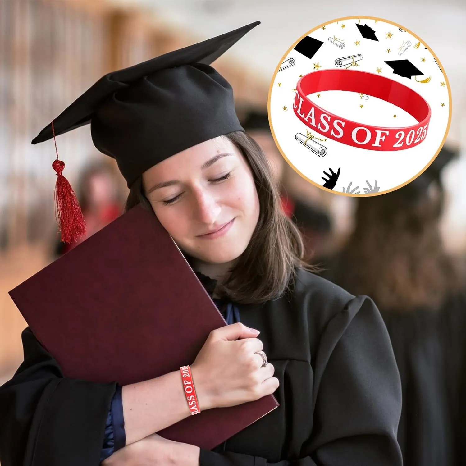 Poen 100 Pcs class of 2025 bracelets Graduation wristbands Class of 2025 Congrats Grad Celebrating Silicone Bracelets for Graduation Party Favors Supply(Black, White, Red)