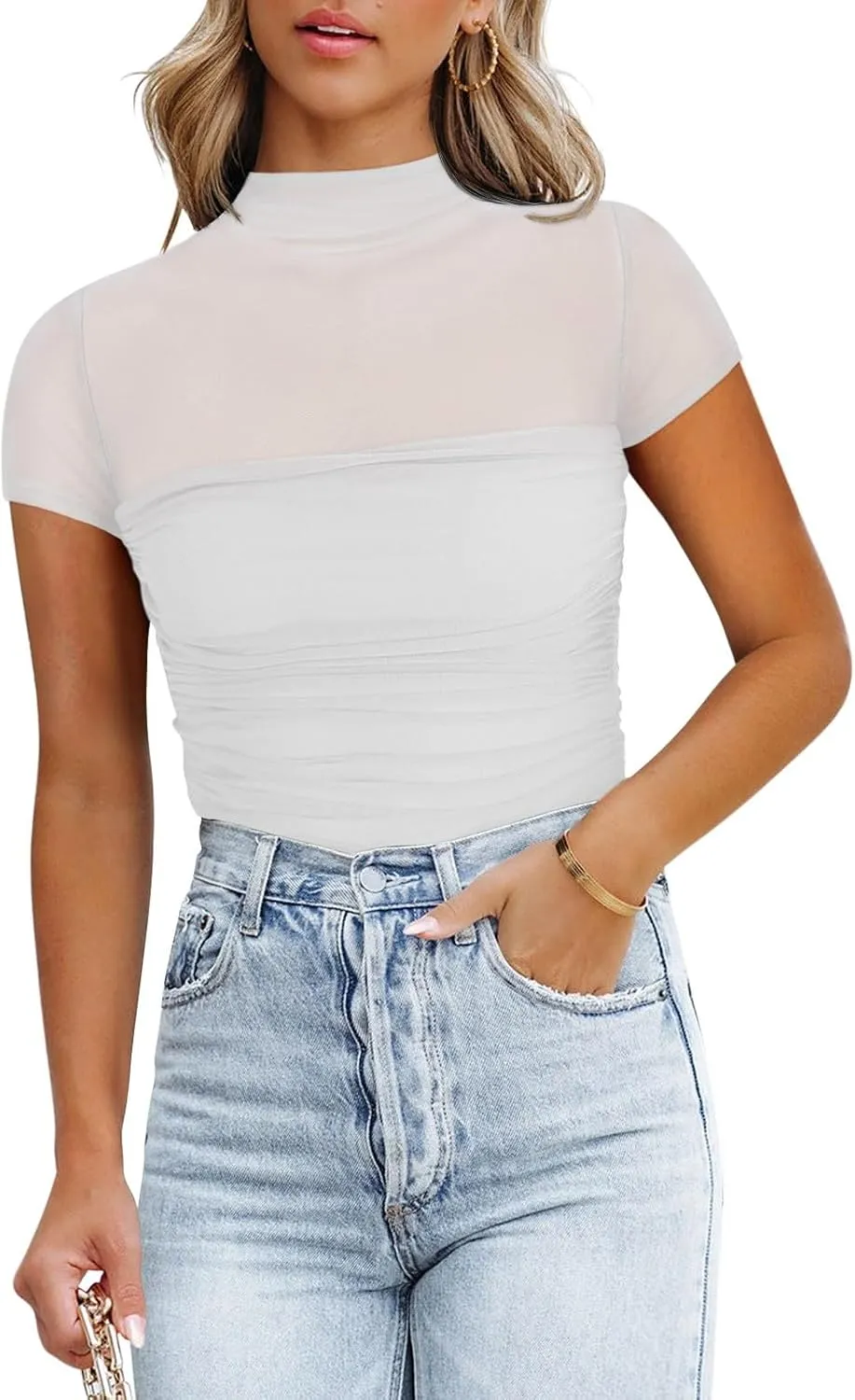 REORIA Women's Sexy Mock Turtle Neck Short Sleeve Shirts Sheer Mesh Ruched Trendy Going Out Bodysuits Tops