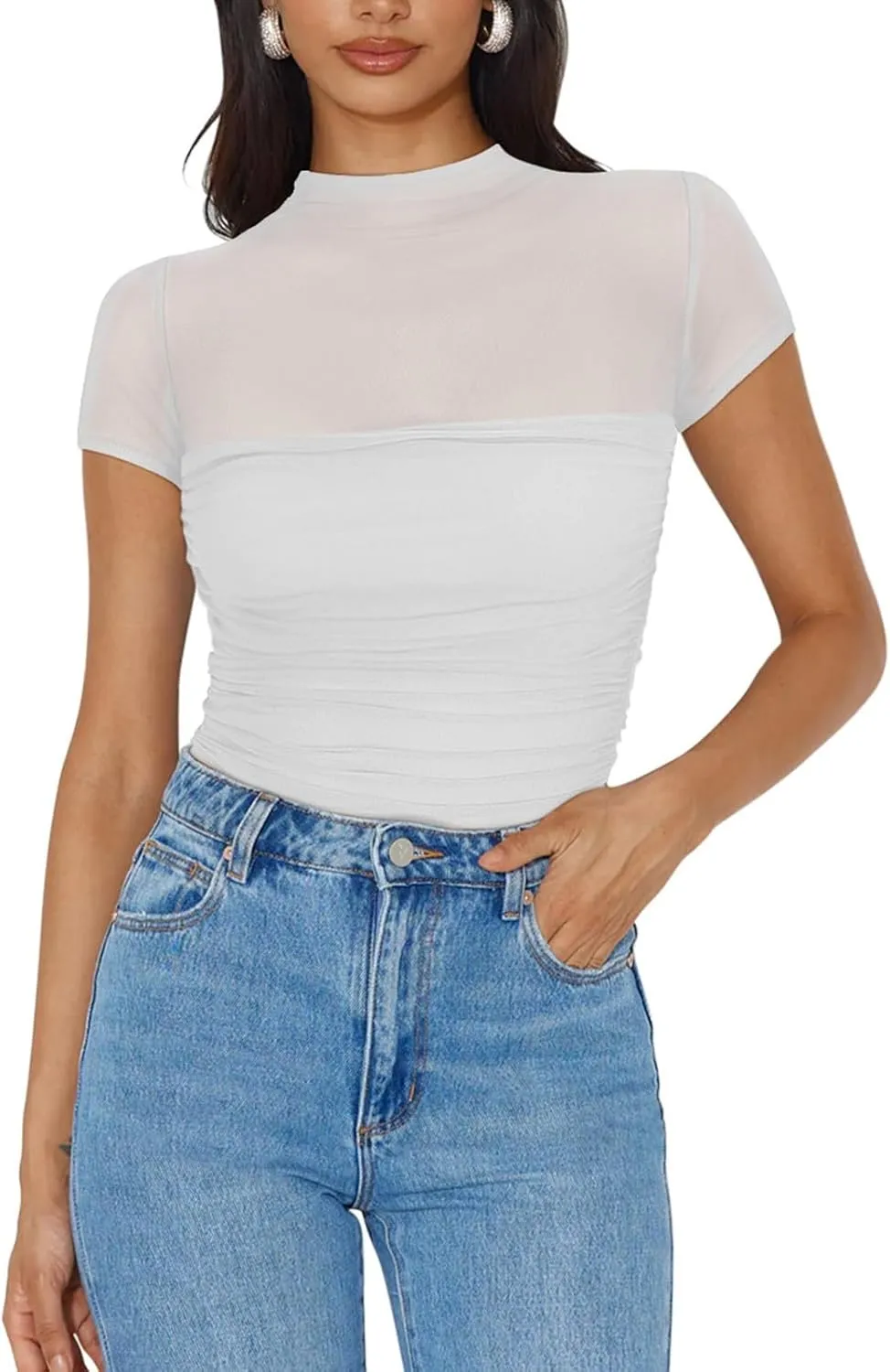 REORIA Women's Sexy Mock Turtle Neck Short Sleeve Shirts Sheer Mesh Ruched Trendy Going Out Bodysuits Tops