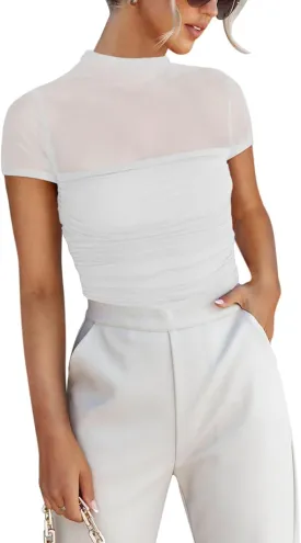 REORIA Women's Sexy Mock Turtle Neck Short Sleeve Shirts Sheer Mesh Ruched Trendy Going Out Bodysuits Tops