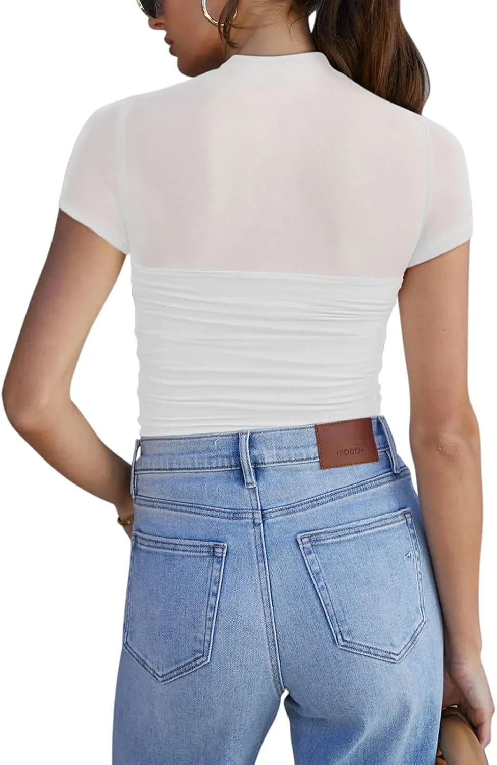 REORIA Women's Sexy Mock Turtle Neck Short Sleeve Shirts Sheer Mesh Ruched Trendy Going Out Bodysuits Tops