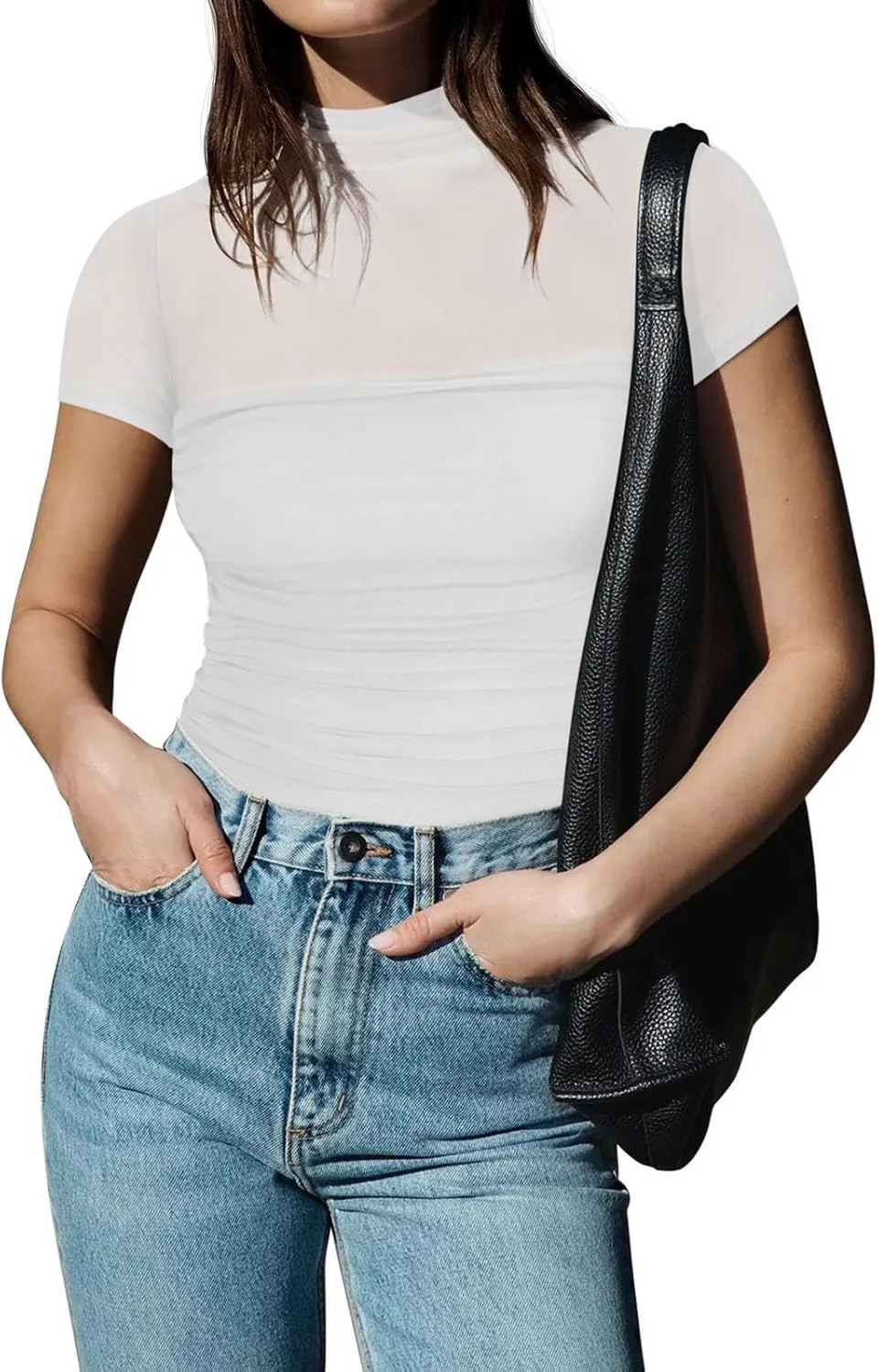 REORIA Women's Sexy Mock Turtle Neck Short Sleeve Shirts Sheer Mesh Ruched Trendy Going Out Bodysuits Tops