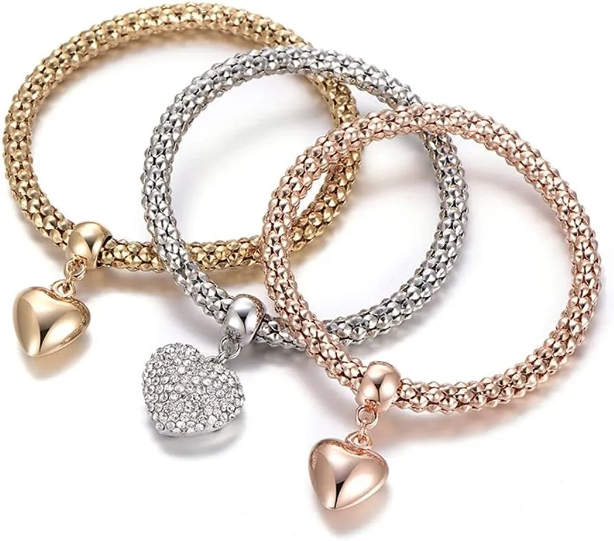 SILANER Crystal Charms Multilayer Bracelets - 3PCS Gold/Silver/Rose Gold Corn Chain Bracelet for Women, Tree of Life Heart Shaped Stretch Bracelet