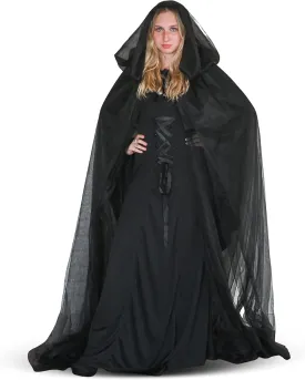 Skeleteen Black Hooded Tulle Cape - Long Chiffon Medieval Net Robe Vampire Bride Sheer Cloak Costume for Adults and Teens