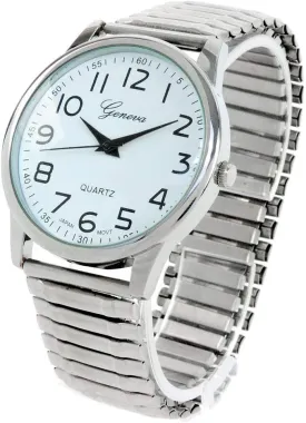 STC Silver Large Face Easy to Read Stretch Band Watch