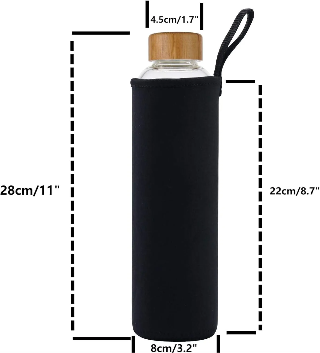 sunkey 32 oz Glass Water Bottle with Time Marker Bamboo Lid Neoprene Sleeve for to Go Travel Gym Home Reusable Eco Friendly Bpa Free (Black)