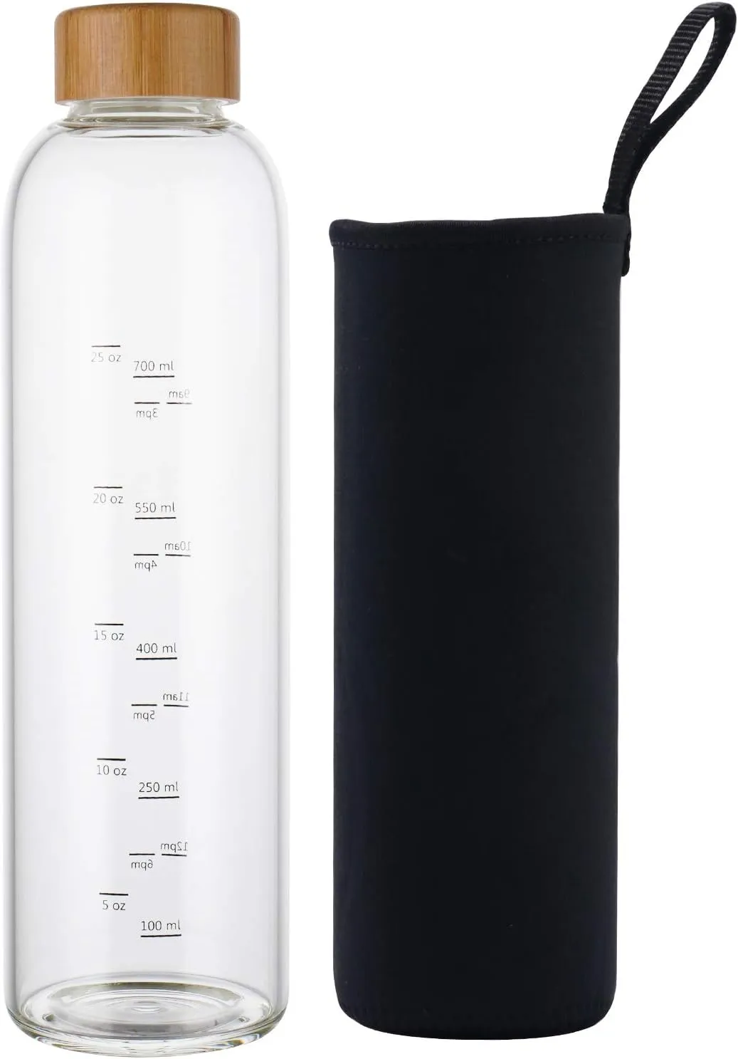 sunkey 32 oz Glass Water Bottle with Time Marker Bamboo Lid Neoprene Sleeve for to Go Travel Gym Home Reusable Eco Friendly Bpa Free (Black)