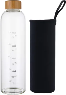 sunkey 32 oz Glass Water Bottle with Time Marker Bamboo Lid Neoprene Sleeve for to Go Travel Gym Home Reusable Eco Friendly Bpa Free (Black)