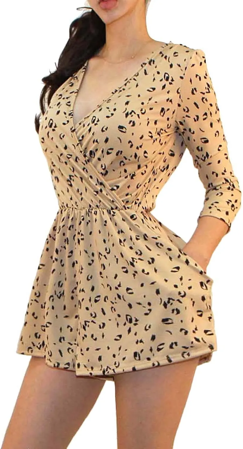 Vivicastle Women's USA Printed V-Neck 3/4 Sleeve Faux Wrap Waist Tie Romper Jumpsuit