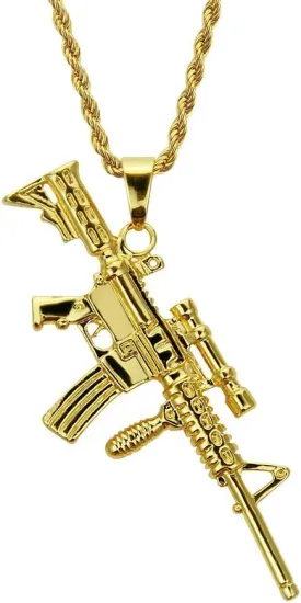 WDIYIEETN Fashion Jewelry Titanium Steel Submachine Gun Charm Pendant 18k Gold Plated Hip Hop Gun Pendant Necklace with 30 Inches Twine Rope Chain for Women Men