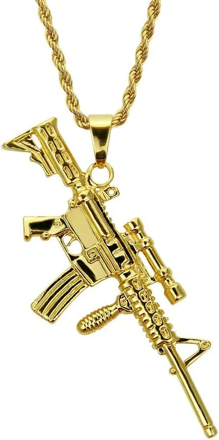 WDIYIEETN Fashion Jewelry Titanium Steel Submachine Gun Charm Pendant 18k Gold Plated Hip Hop Gun Pendant Necklace with 30 Inches Twine Rope Chain for Women Men
